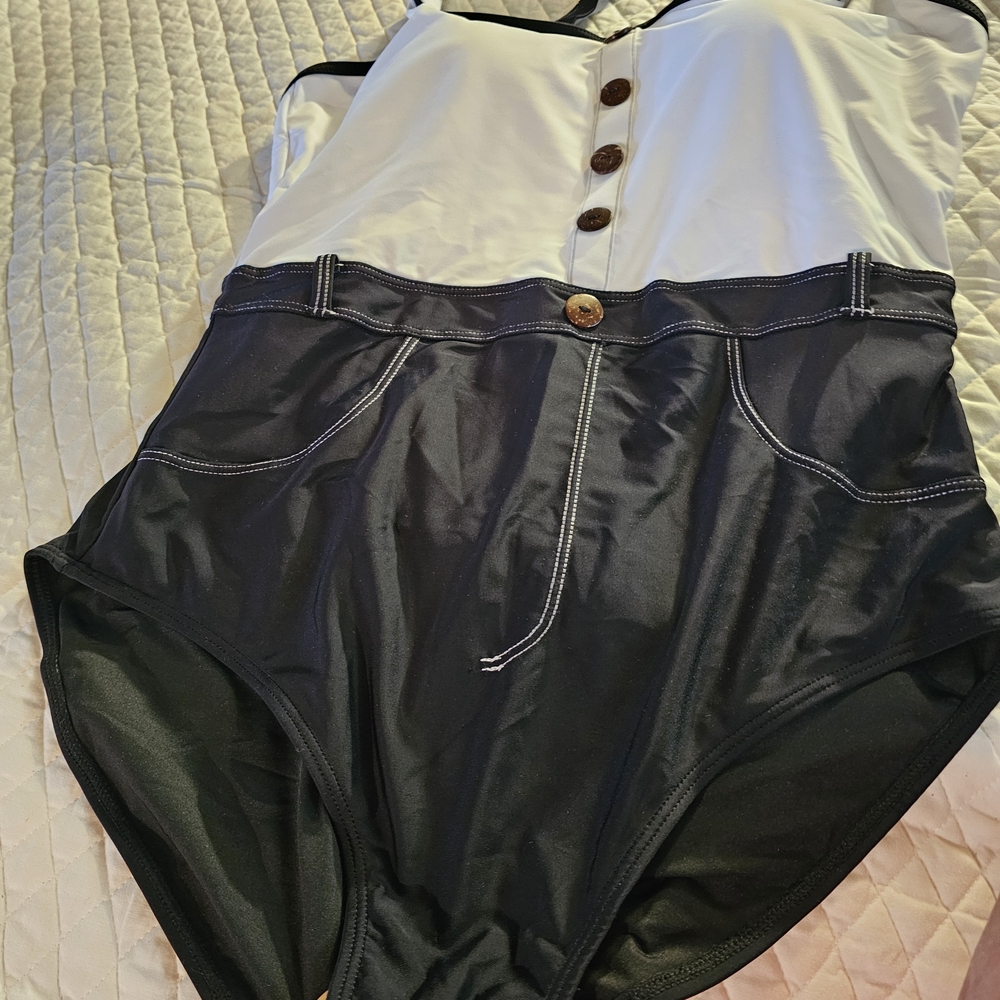 Classic Two-Tone Black and White One-Piece Swimsuit